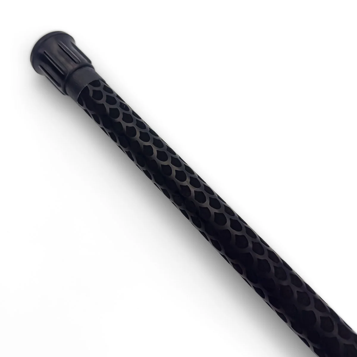 closeup shot of the capped end of a fire mace with fish scale patterned grip