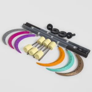 full shot of unassembled dragon staff showing various spokes, hubs, and collapsible staff