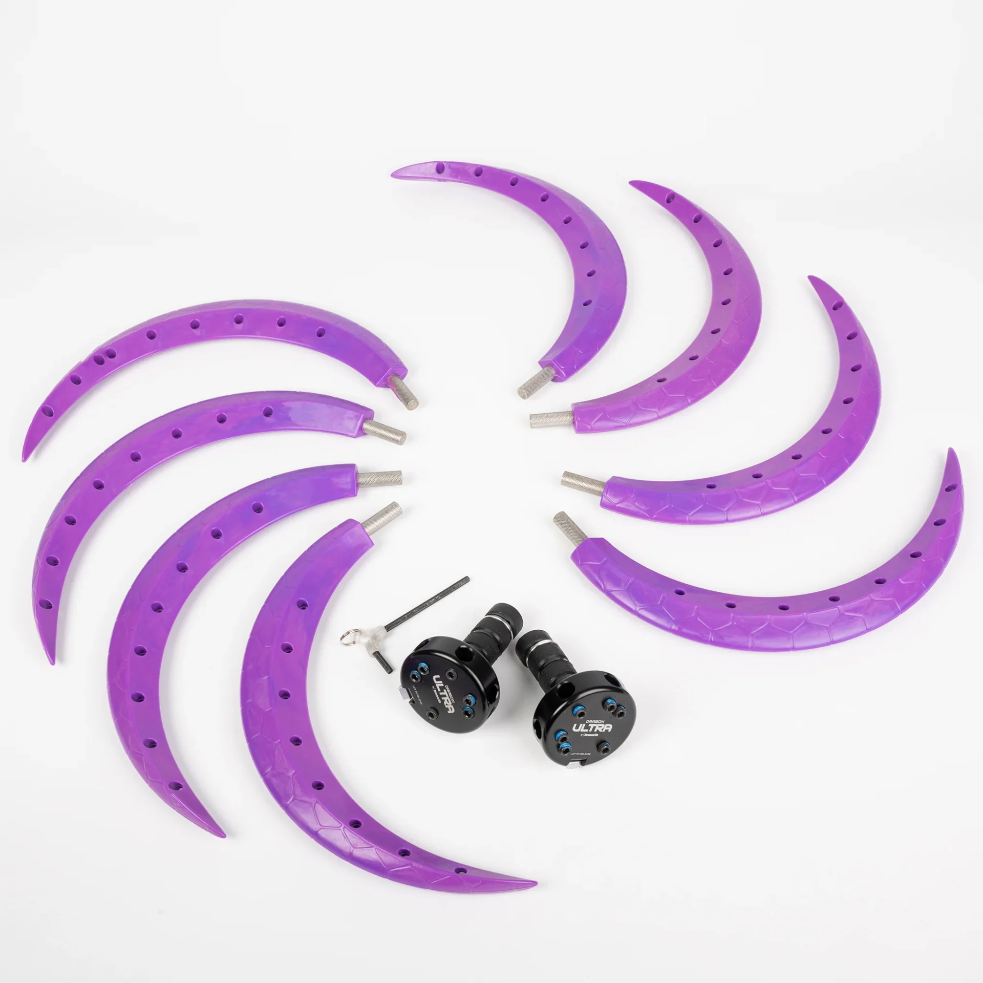 full shot of ultra dragon staff hubs with 8 purple spokes bundle