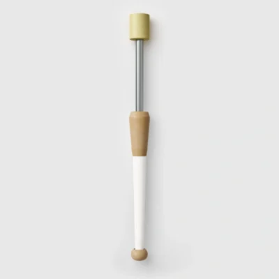 Full shot of a fire juggling club with white handle and brown accents