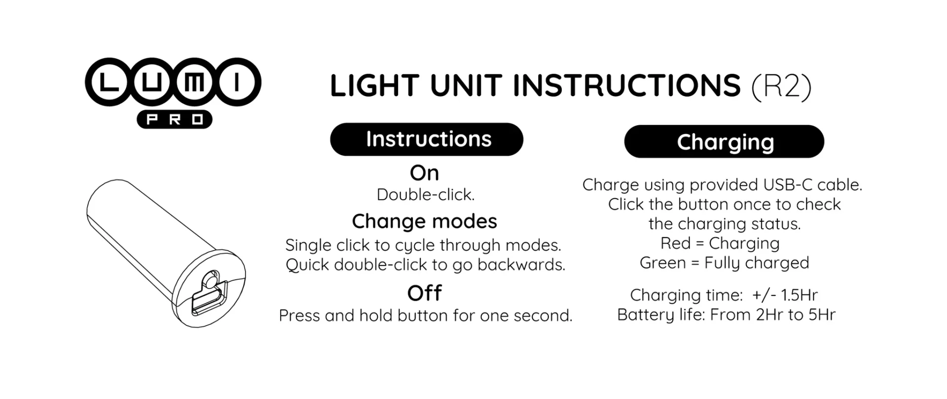 Lumi pro light units instructions for charging and cycling color modes