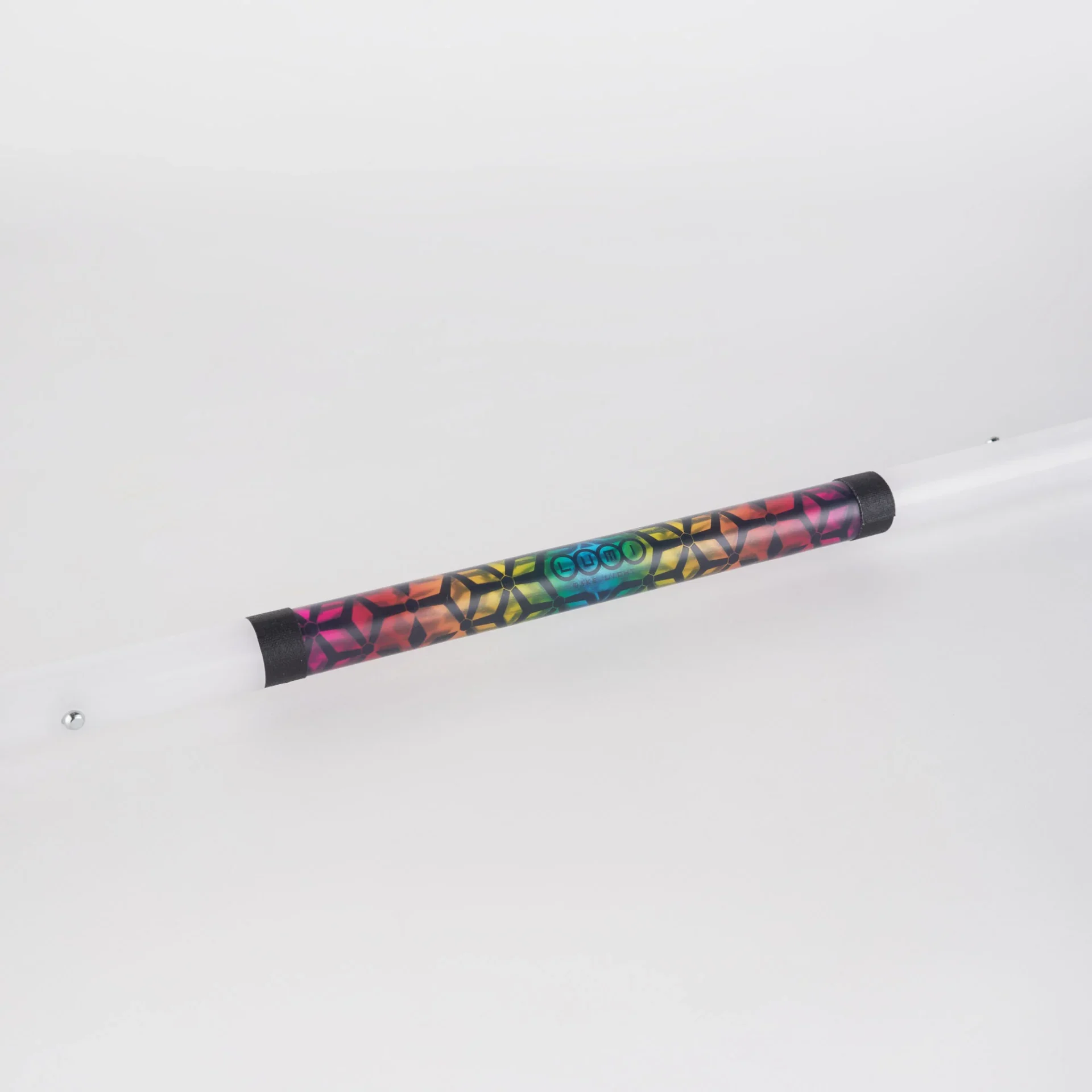 closeup of the grip of a led spin staff with geometric design