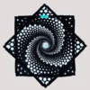 full shot of flow star with black background and white spiral star design