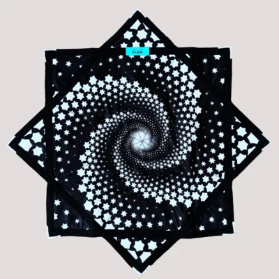 full shot of flow star with black background and white spiral star design