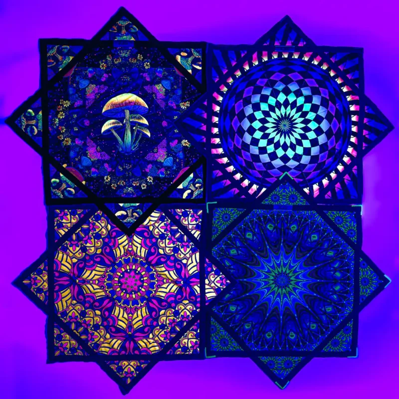 4 flow stars side by side comparing colors under uv light
