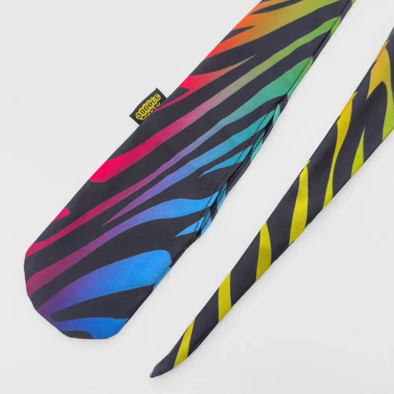 black and rainbow stripes zebra style fabric sock poi closeup