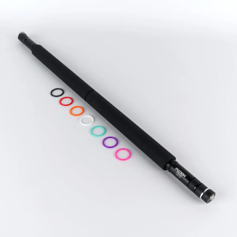 closeup shot of middle piece of collapsible staff with rubber bands